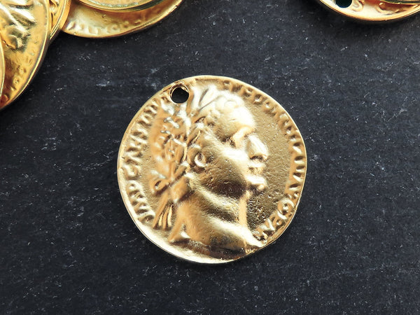 Gold Roman Coin Pendant Charm, Titus AR Denarius Dolphin Coin, Medallion Charm, Ancient Greek, 22k Matte Gold Plated, 1pc, Thin