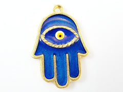 Blue Hamsa Hand of Fatima Enamel Pendant - Matte Gold Plated - 1PC
