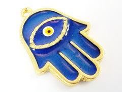 Blue Hamsa Hand of Fatima Enamel Pendant - Matte Gold Plated - 1PC