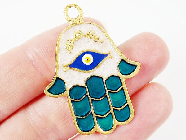 Aqua Hamsa Hand of Fatima Enamel Blue Evil Eye Pendant - Matte Gold Plated - 1PC