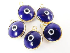 5 Navy Blue Evil Eye Nazar Artisan Glass Bead Charms - Gold Plated Brass Bezel