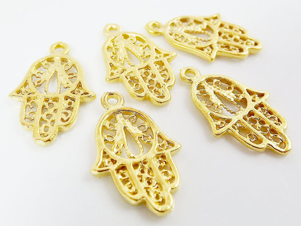 5 Filigree Mini Hand of Fatima Hamsa Charms - Matte Gold Plated