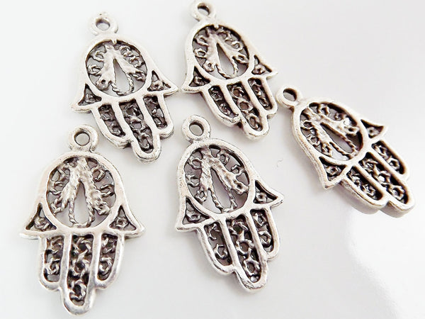 Mini Hand of Fatima Hamsa Filigree Charms Matte Silver Plated Turkish Jewelry Making Supplies Findings Components - 5pc