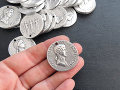 Silver Roman Coin Pendant Charm, Agrippina Coin, Medallion Charm, Ancient Greek, Matte Antique Silver Plated, 1pc