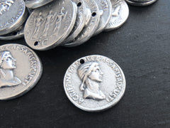 Silver Roman Coin Pendant Charm, Agrippina Coin, Medallion Charm, Ancient Greek, Matte Antique Silver Plated, 1pc