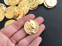 Gold Roman Coin Pendant Charm, Titus AR Denarius Dolphin Coin, Medallion Charm, Ancient Greek, 22k Matte Gold Plated, 1pc, Thin