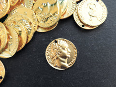 Gold Roman Coin Pendant Charm, Titus AR Denarius Dolphin Coin, Medallion Charm, Ancient Greek, 22k Matte Gold Plated, 1pc, Thin