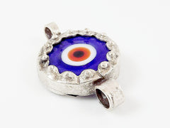 Blue Orange Evil Eye Round Glass Connector Pendant - Silver Plated 1pc