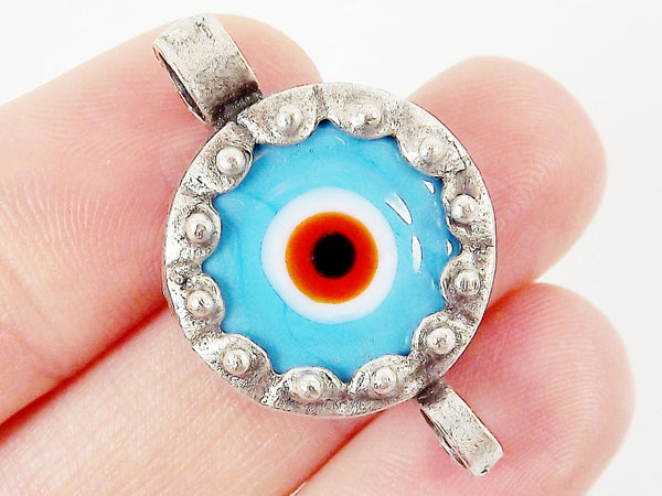 Sky Blue Orange Evil Eye Round Glass Connector Pendant - Silver Plated 1pc