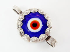 Blue Orange Evil Eye Round Glass Connector Pendant - Silver Plated 1pc