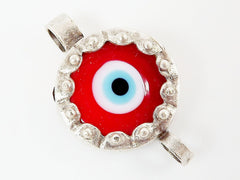 Red Blue Evil Eye Round Glass Connector Pendant - Silver Plated 1pc