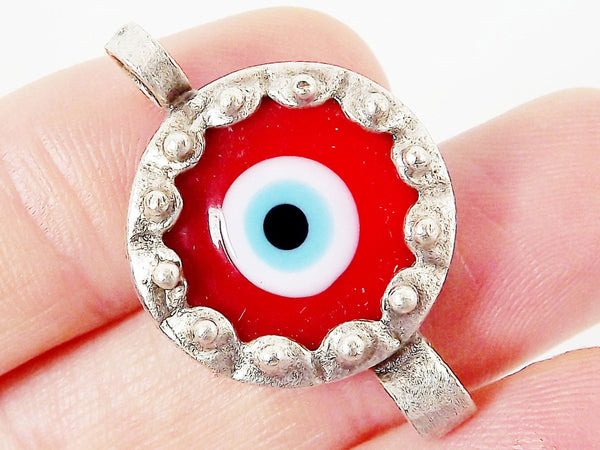 Red Blue Evil Eye Round Glass Connector Pendant - Silver Plated 1pc