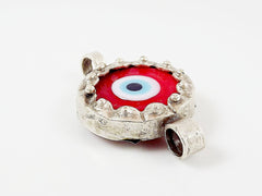 Red Blue Evil Eye Round Glass Connector Pendant - Silver Plated 1pc