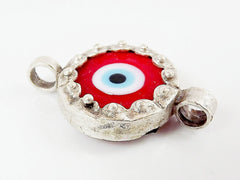 Red Blue Evil Eye Round Glass Connector Pendant - Silver Plated 1pc