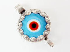 Sky Blue Orange Evil Eye Round Glass Connector Pendant - Silver Plated 1pc