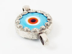 Sky Blue Orange Evil Eye Round Glass Connector Pendant - Silver Plated 1pc