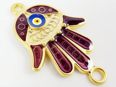 Deep Mauve Hamsa Hand of Fatima Connector with Round Enameled Evil Eye - Matte Gold Plated - 1PC - GP129