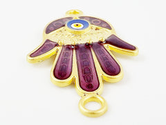 Deep Mauve Hamsa Hand of Fatima Connector with Round Enameled Evil Eye - Matte Gold Plated - 1PC - GP129