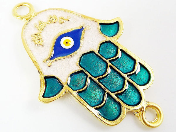 Aqua Hamsa Hand of Fatima Enamel Blue Evil Eye Connector - Matte Gold Plated - 1PC