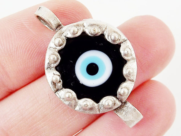 Black Blue Evil Eye Round Glass Connector Pendant - Silver Plated 1pc