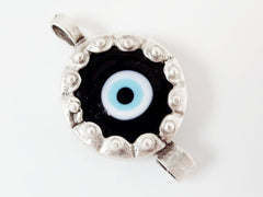 Black Blue Evil Eye Round Glass Connector Pendant - Silver Plated 1pc