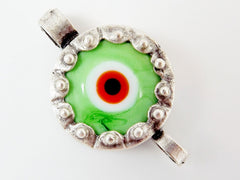 Pale Green Orange Evil Eye Round Glass Connector Pendant - Silver Plated 1pc