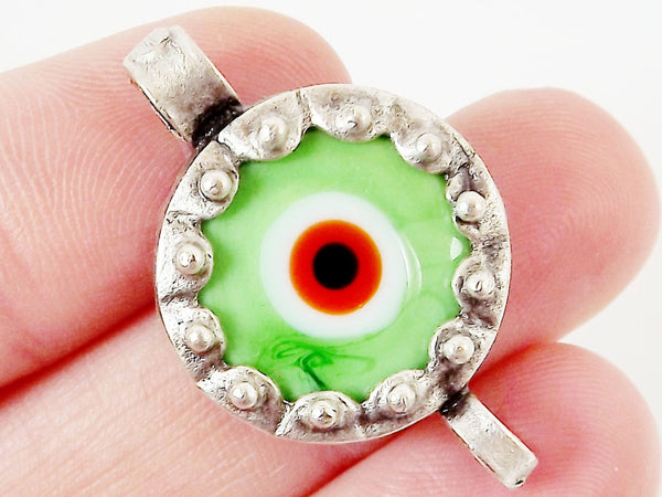 Pale Green Orange Evil Eye Round Glass Connector Pendant - Silver Plated 1pc