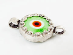 Pale Green Orange Evil Eye Round Glass Connector Pendant - Silver Plated 1pc