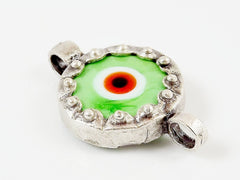 Pale Green Orange Evil Eye Round Glass Connector Pendant - Silver Plated 1pc