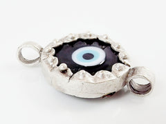 Black Blue Evil Eye Round Glass Connector Pendant - Silver Plated 1pc