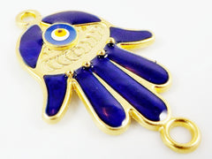 Navy Blue Hamsa Hand of Fatima Connector with Round Enameled Evil Eye - Matte Gold Plated - 1PC - GP129