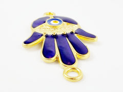 Navy Blue Hamsa Hand of Fatima Connector with Round Enameled Evil Eye - Matte Gold Plated - 1PC - GP129