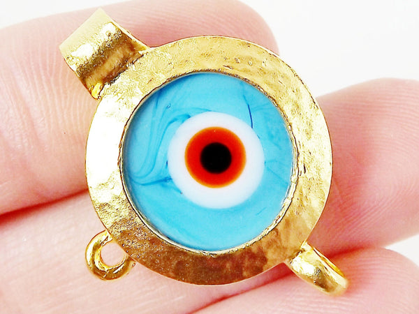 Sky Blue Orange Evil Eye Round Glass Pendant - 22k Matte Gold Plated 1pc - SP126