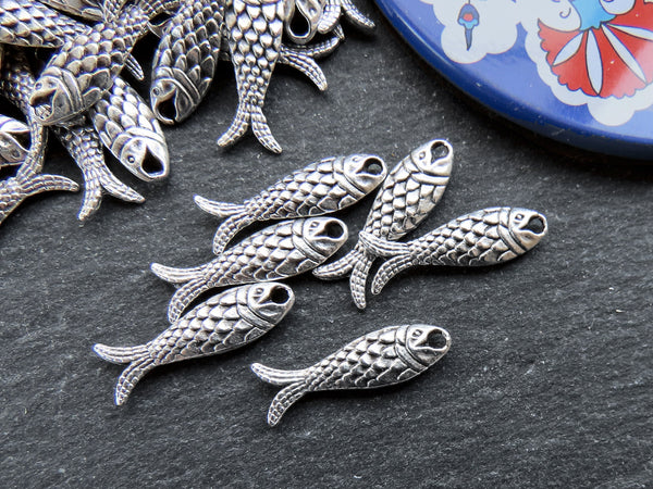 6 Rustic Double Sided Fish Charms, Good Luck Charm, Prosperity Symbol, Matte Antique Silver Plated Brass