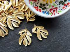 2 Willow Leaf Charms, Leaves Branch Pendant Charm, Metal Twig Pendant, Artisan Charms, 22k Matte Gold Plated, 2pc