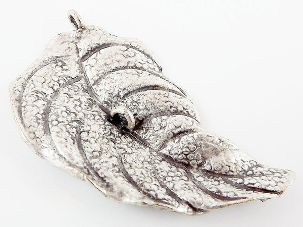 Leaf Pendant Charm With Center Loop- Silver Plated - 1PC