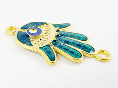 Aqua Hamsa Hand of Fatima Connector with Round Enameled Evil Eye - Matte Gold Plated - 1PC - GP129