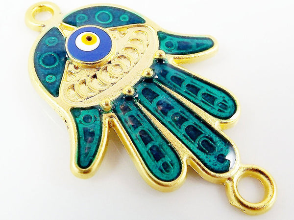 Aqua Hamsa Hand of Fatima Connector with Round Enameled Evil Eye - Matte Gold Plated - 1PC - GP129