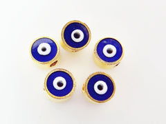 5mm Mini Navy Blue Evil Eye Beads, Lucky Charm, Protective Amulet, Turkish Eye, Greek Eye, Matte Gold Plated Bead Spacers - 5pcs