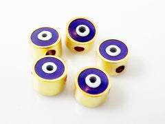 5mm Mini Navy Blue Evil Eye Beads, Lucky Charm, Protective Amulet, Turkish Eye, Greek Eye, Matte Gold Plated Bead Spacers - 5pcs