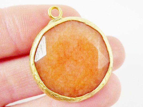 26mm Apricot Orange Faceted Jade Pendant - Gold plated Bezel - 1pc