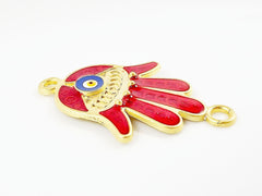 Red Hamsa Hand of Fatima Connector with Round Enameled Evil Eye - Matte Gold Plated - 1PC - GP129