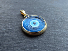 Blue Evil Eye Charm Pendant with Bail, Round Glass Lampwork Evil Eye, Amulet, Protective, Lucky, Handmade, 22k Shiny Gold Plated Bezel 1pc