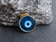 Blue Evil Eye Charm Pendant with Bail, Round Glass Lampwork Evil Eye, Amulet, Protective, Lucky, Handmade, 22k Shiny Gold Plated Bezel 1pc