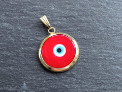 Red Evil Eye Charm Pendant with Bail, Round Glass Lampwork Evil Eye, Amulet, Protective, Lucky, Handmade, 22k Shiny Gold Plated Bezel 1pc