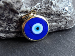 Blue Evil Eye Charm Pendant with Bail, Round Glass Lampwork Evil Eye, Amulet, Protective, Lucky, Handmade, 22k Shiny Gold Plated Bezel 1pc