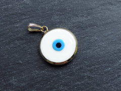 White Evil Eye Charm Pendant with Bail, Round Glass Lampwork Evil Eye, Amulet, Protective, Lucky, Handmade, 22k Shiny Gold Plated Bezel 1pc