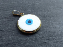 White Evil Eye Charm Pendant with Bail, Round Glass Lampwork Evil Eye, Amulet, Protective, Lucky, Handmade, 22k Shiny Gold Plated Bezel 1pc