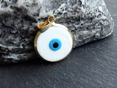 White Evil Eye Charm Pendant with Bail, Round Glass Lampwork Evil Eye, Amulet, Protective, Lucky, Handmade, 22k Shiny Gold Plated Bezel 1pc