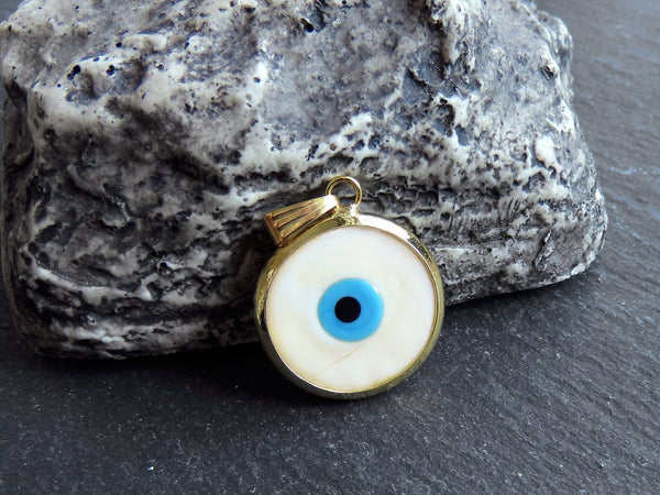 Cream Evil Eye Charm Pendant with Bail, Round Glass Lampwork Evil Eye, Amulet, Protective, Lucky, Handmade, 22k Shiny Gold Plated Bezel 1pc